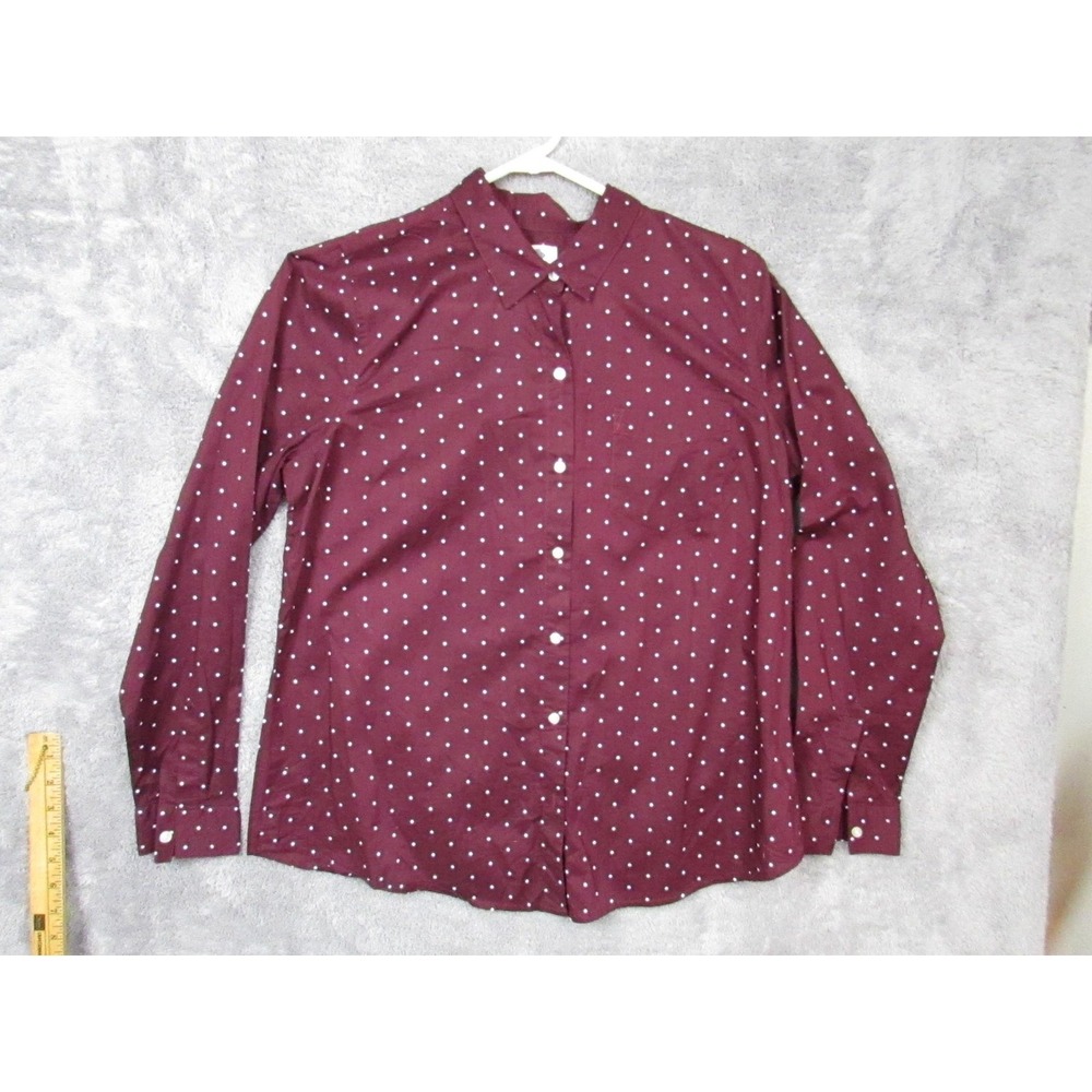 Old Navy Shirt Womens Large Burgundy White Polka Dot Button Up Long Sleeve